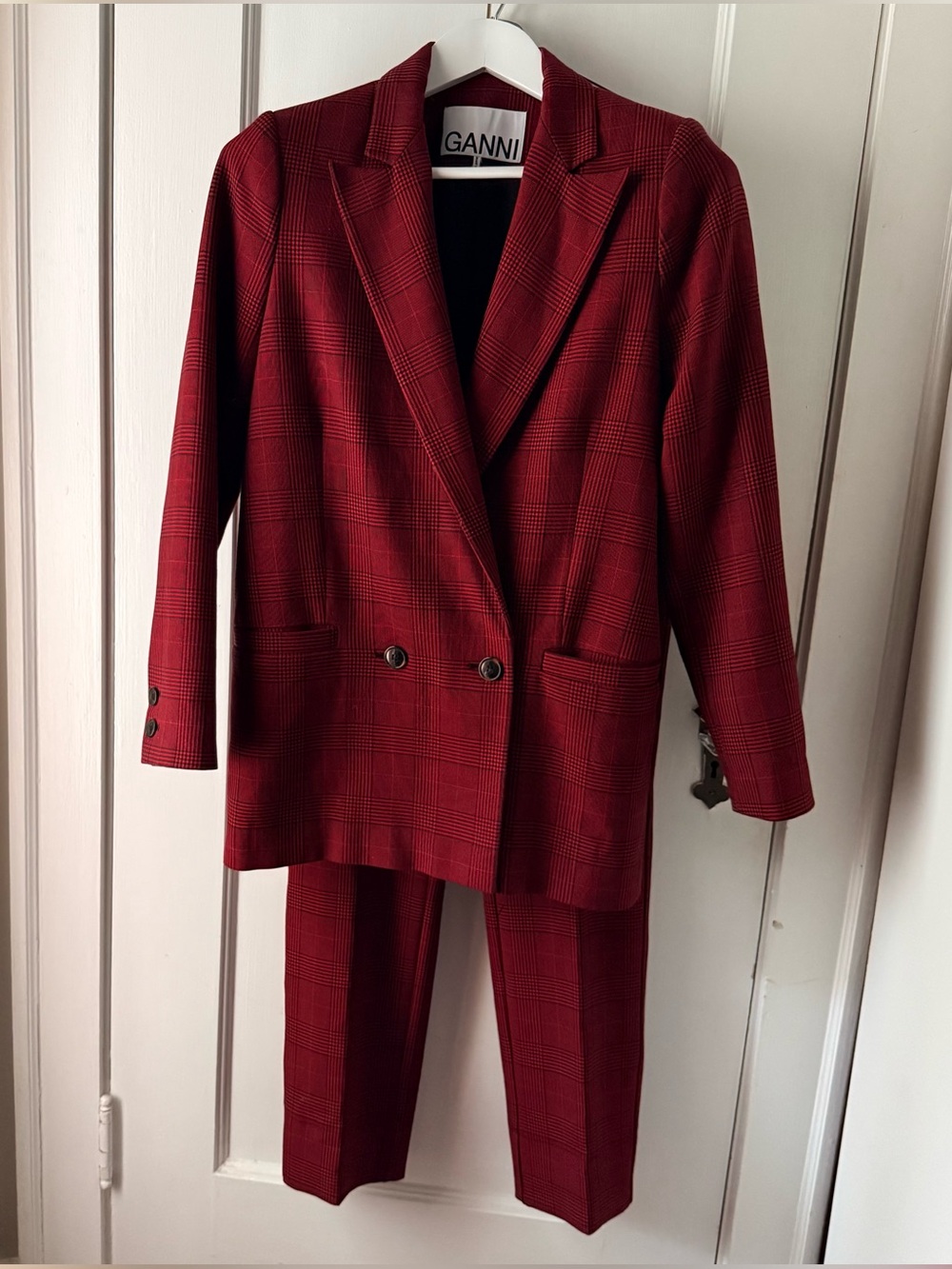 GANNI Red Plaid Double-Breasted Blazer & Trouser SET